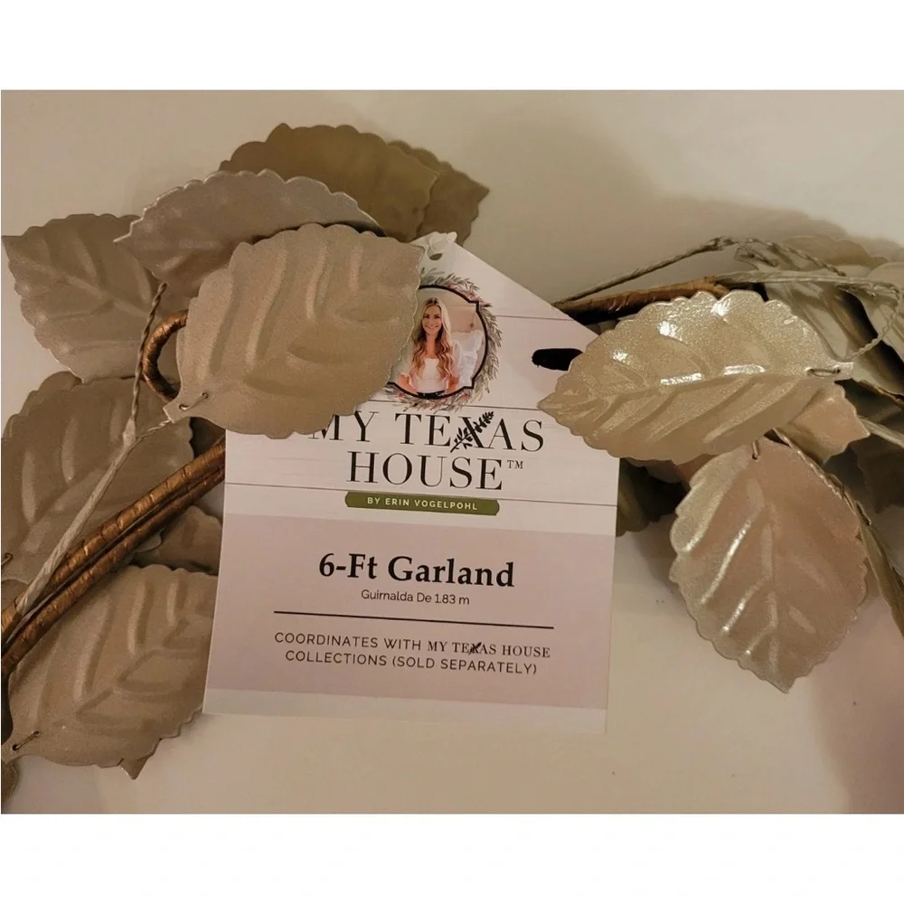 My Texas House Garland Metal Leaf Leaves 6 Ft Champagne Lt Taupe Wired Decor